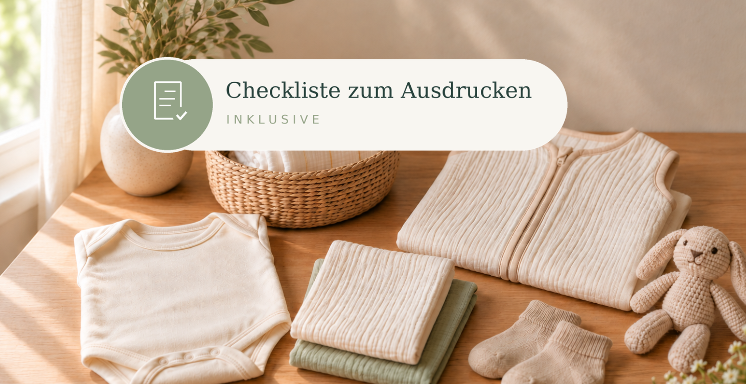 Baby-Erstausstattung mit Kleidung und Pflegeartikeln in warmem Licht; darüber der Hinweis ‚Checkliste zum Ausdrucken inklusive‘.