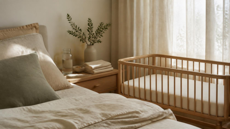 Vorbereitetes Schlafzimmer für das Wochenbett mit Wasserkaraffe und leerem Babybett