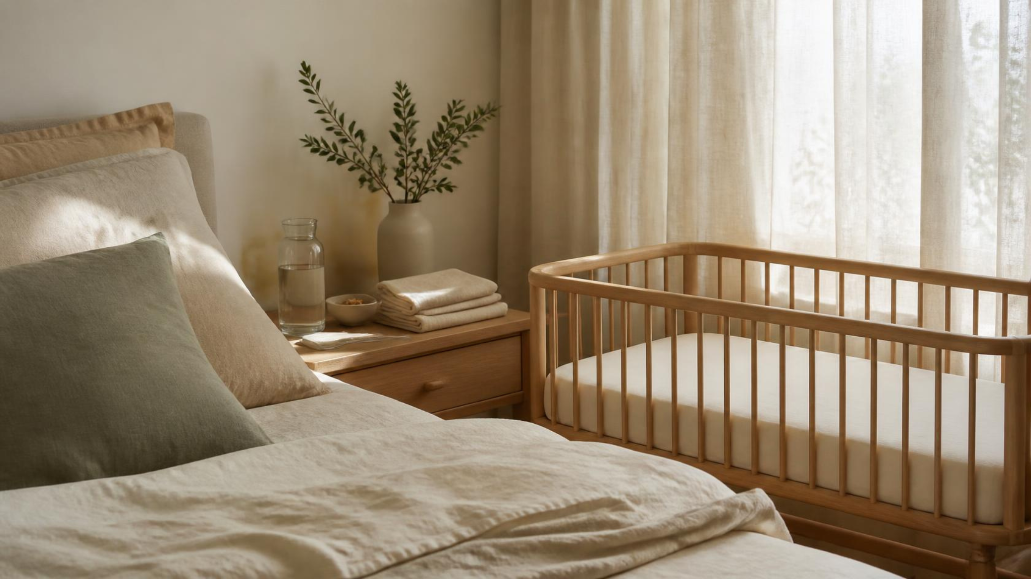 Vorbereitetes Schlafzimmer für das Wochenbett mit Wasserkaraffe und leerem Babybett
