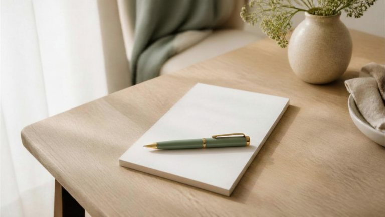Geburtsplan erstellen mit Papier und Stift auf einem hellen Holztisch