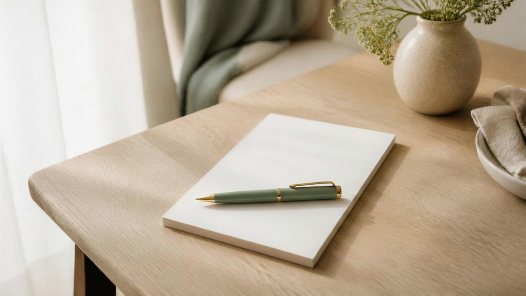 Geburtsplan erstellen mit Papier und Stift auf einem hellen Holztisch