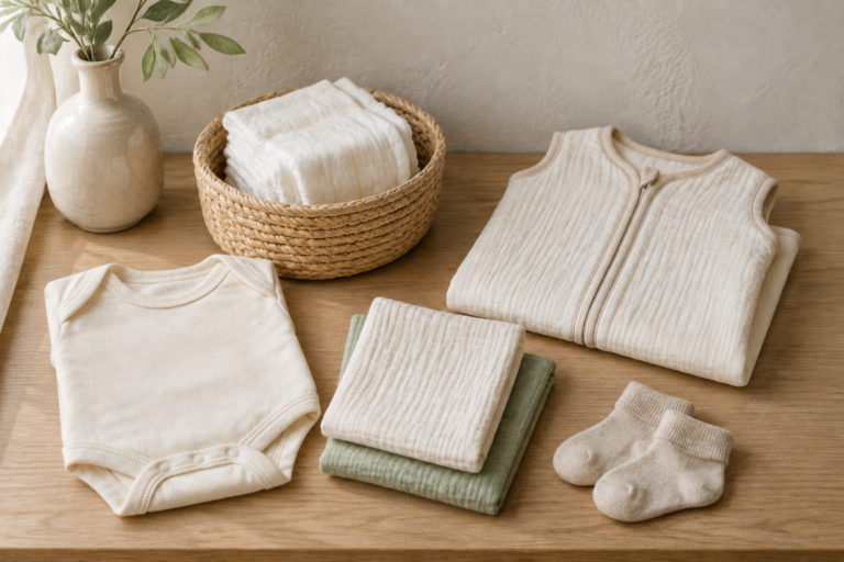 Kleine, priorisierte Baby-Erstausstattung mit Body, Schlafsack, Mulltüchern, Socken und Windeln