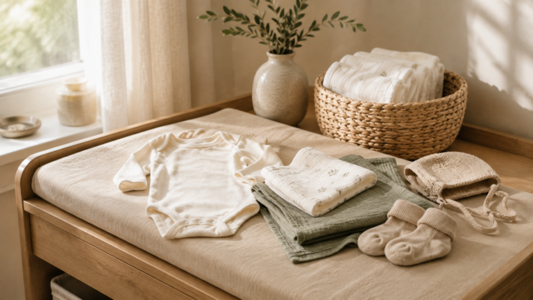 Babykleidung für die Erstausstattung auf einem Wickeltisch mit Body, Mulltüchern, Mütze und Babysocken.