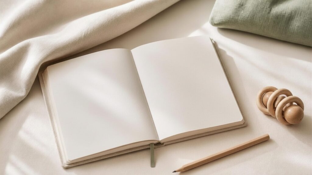 Offenes Journal mit Holzstift und kleinem Holzspielzeug auf hellen Leinenstoffen