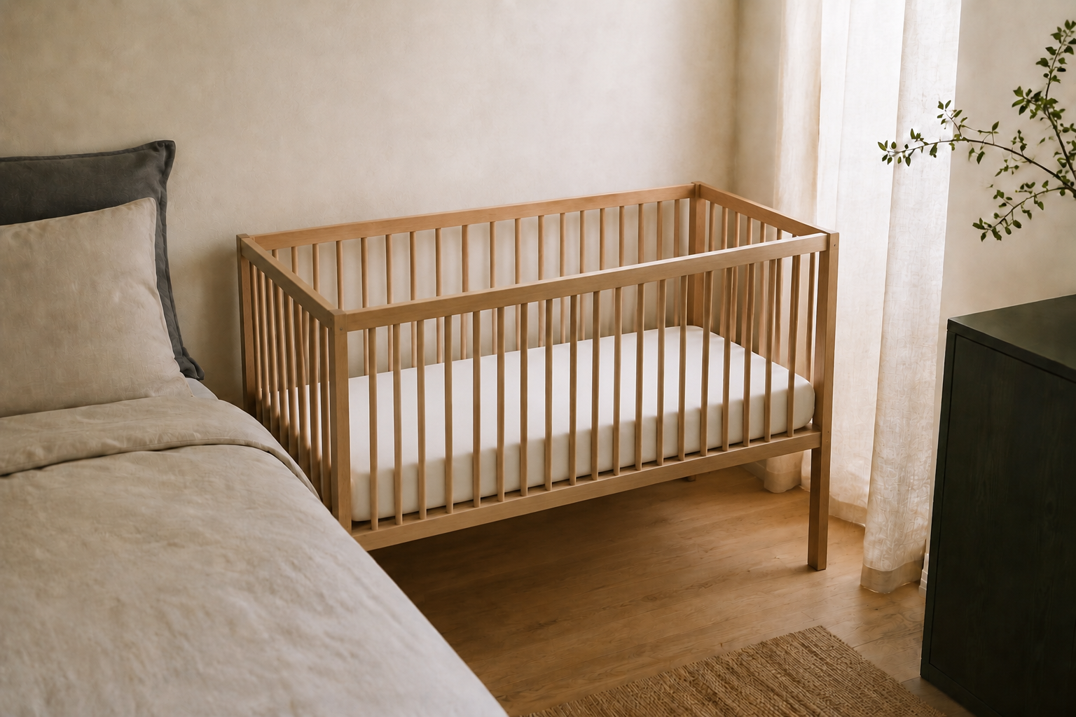 Babybett neben dem Elternbett als erster Schlafplatz fürs Baby