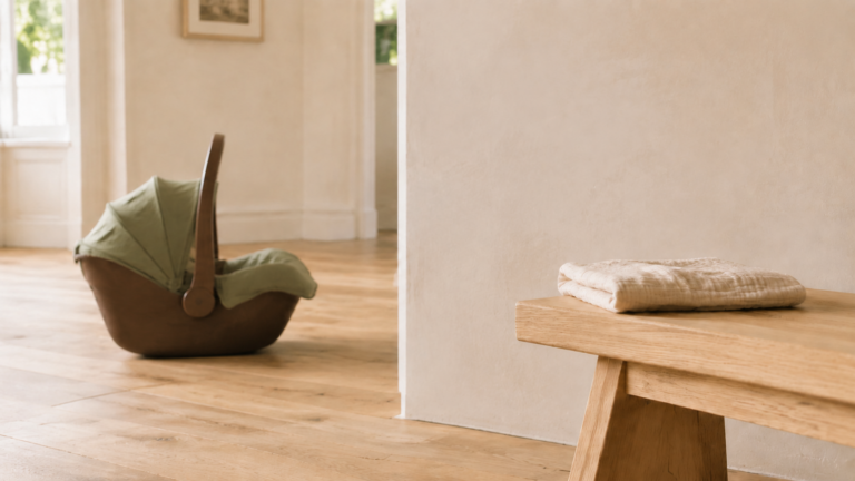 Babyschale in einem hellen Wohnraum neben einer Holzbank