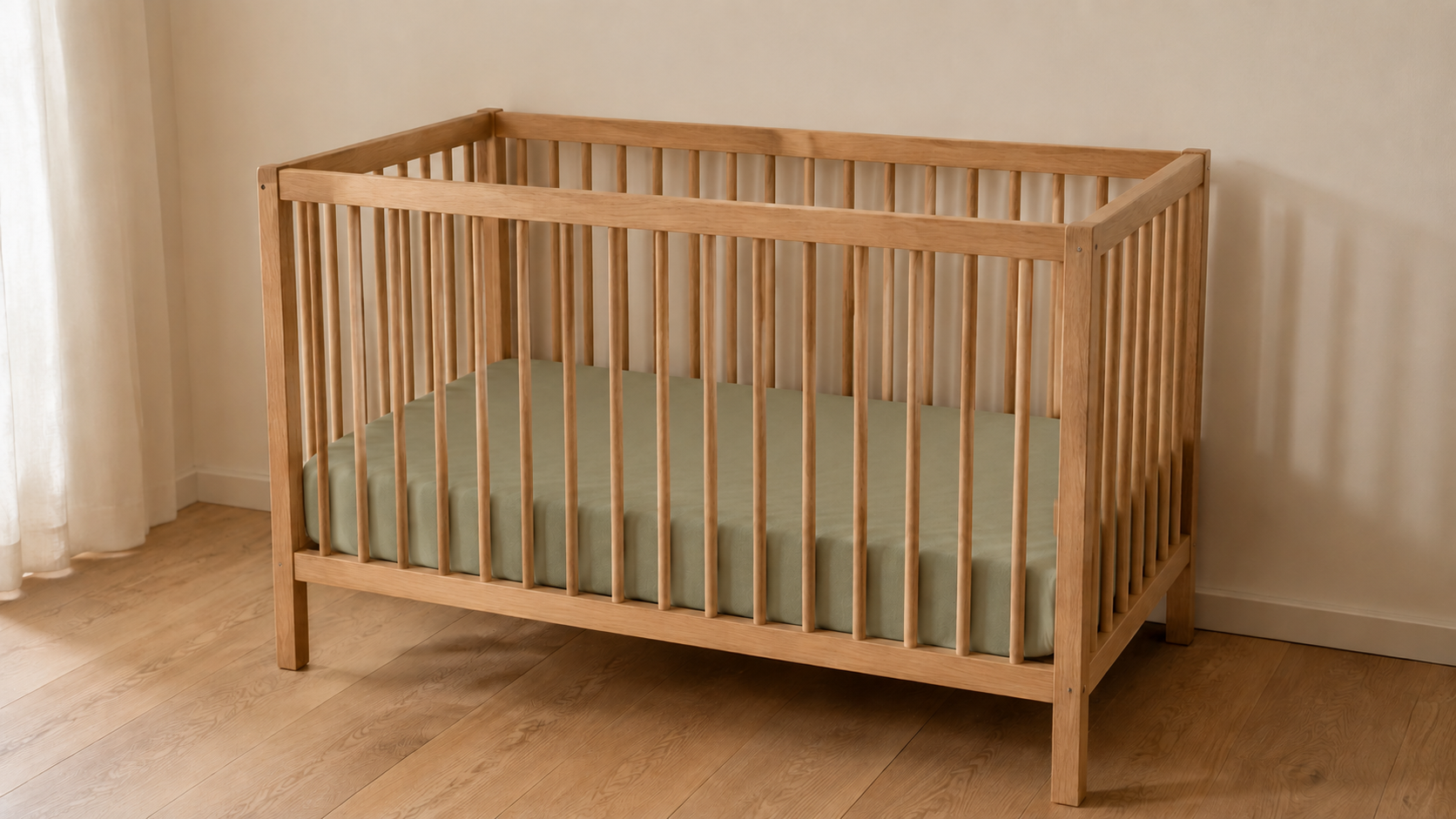 Leeres Babybett aus Holz mit festem Spannbettlaken als reduzierte Schlafumgebung für ein Baby.