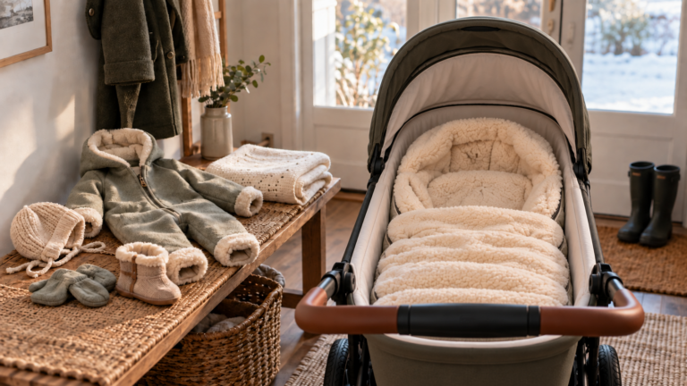 Baby im Winter anziehen: Overall, Mütze und Fußsack neben einem Kinderwagen.
