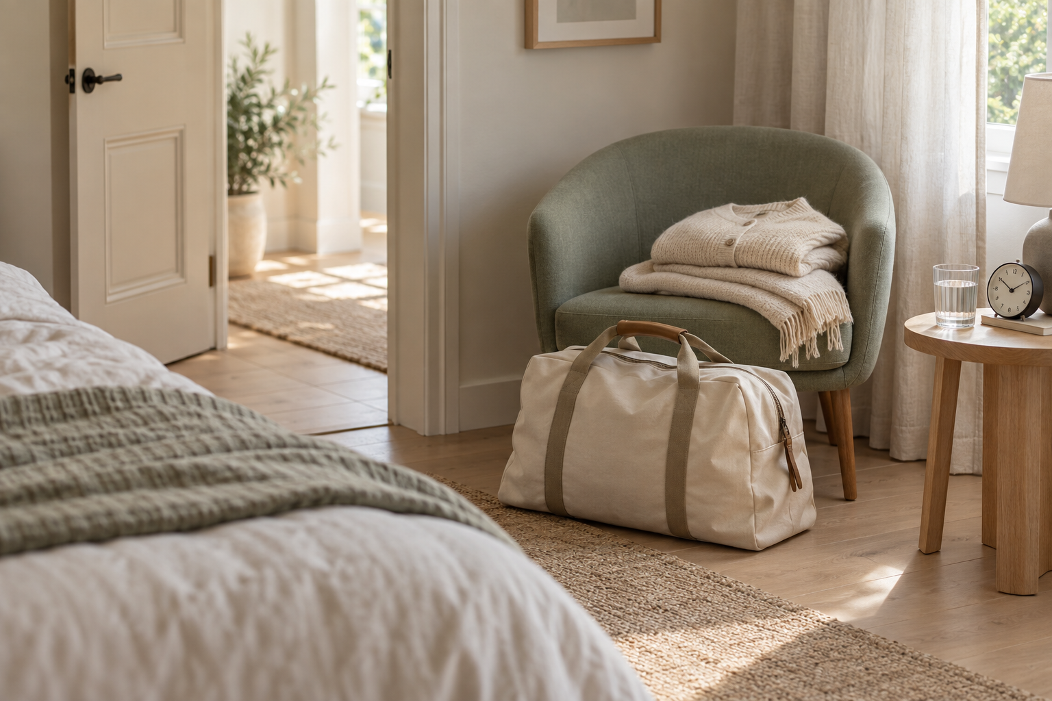Gepackte Kliniktasche neben einem Sessel als Symbol für den nahenden Geburtsbeginn