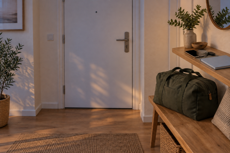 Gepackte Kliniktasche mit Smartphone, Dokumentenmappe und Autoschlüsseln im Eingangsbereich